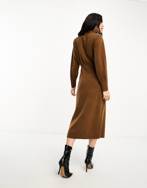 & Other Stories – Midaxikleid aus Wollstrick in Braun mit Schulterpolstern, 4 von 4
