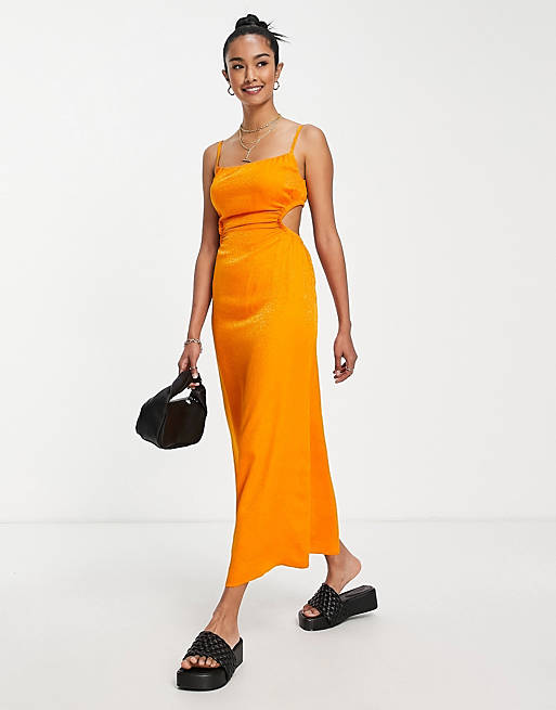 & Other Stories midi cami dress with cut-out sides in bright orange jacquard