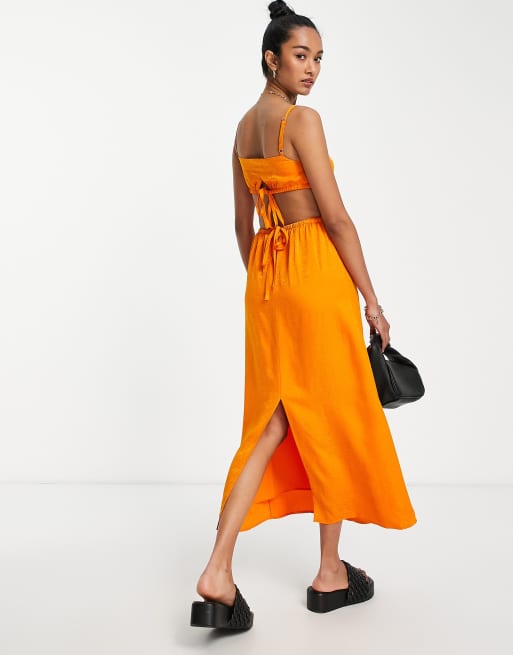 Bright Orange Cheesecloth Strappy Tiered Cami Dress