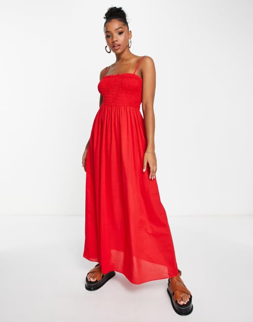 & Other Stories - Midi cami jurk met gesmokt detail in rood