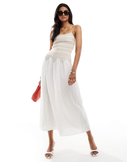 & Other Stories midi dress with contrast thread smocking and drop waist in white