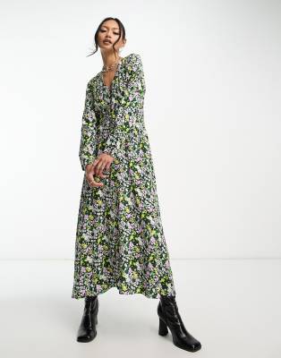 & Other Stories & Other Stories midi dress with deep v neck in floral print-Multi