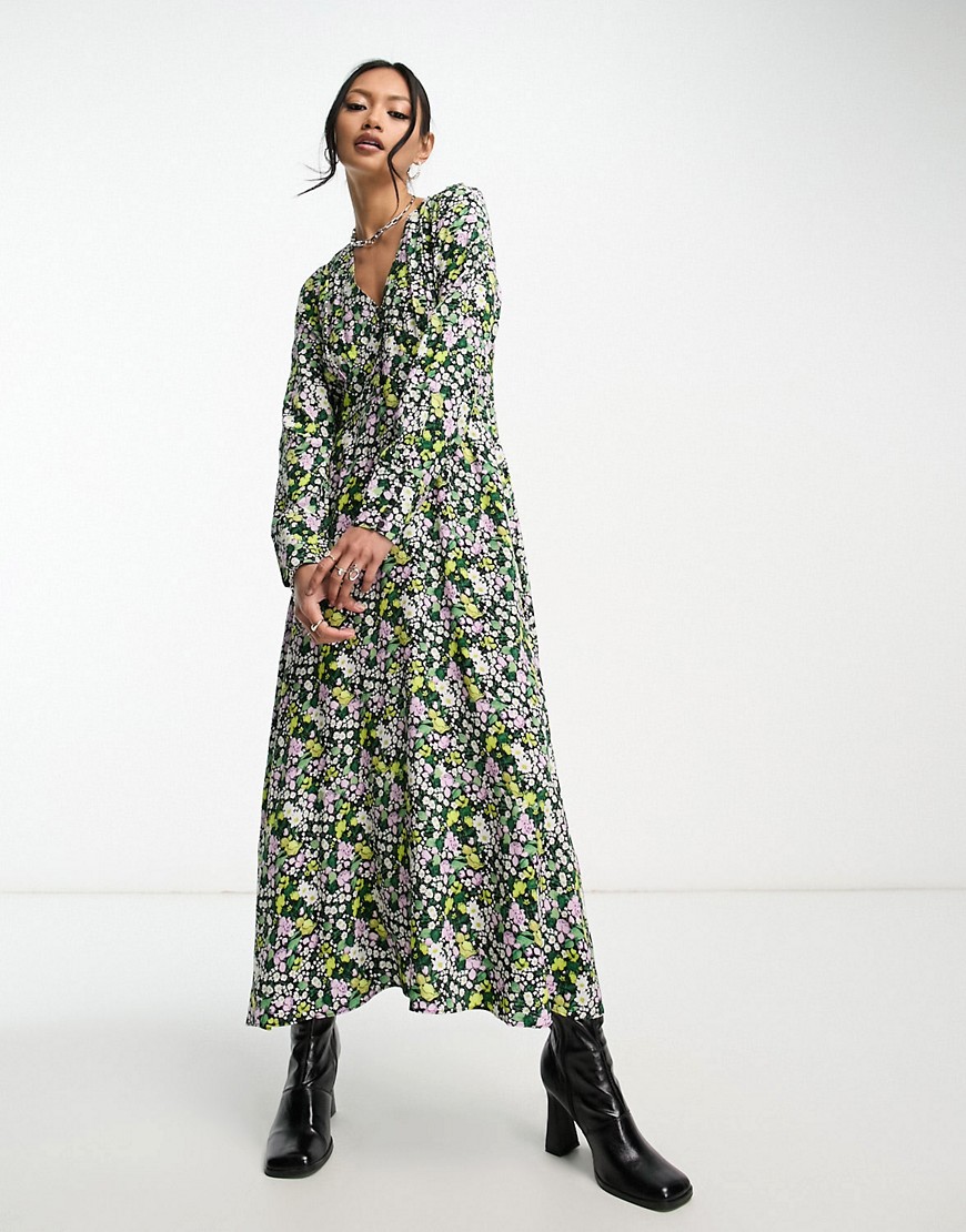 & Other Stories midi dress with deep v neck in floral print-Multi