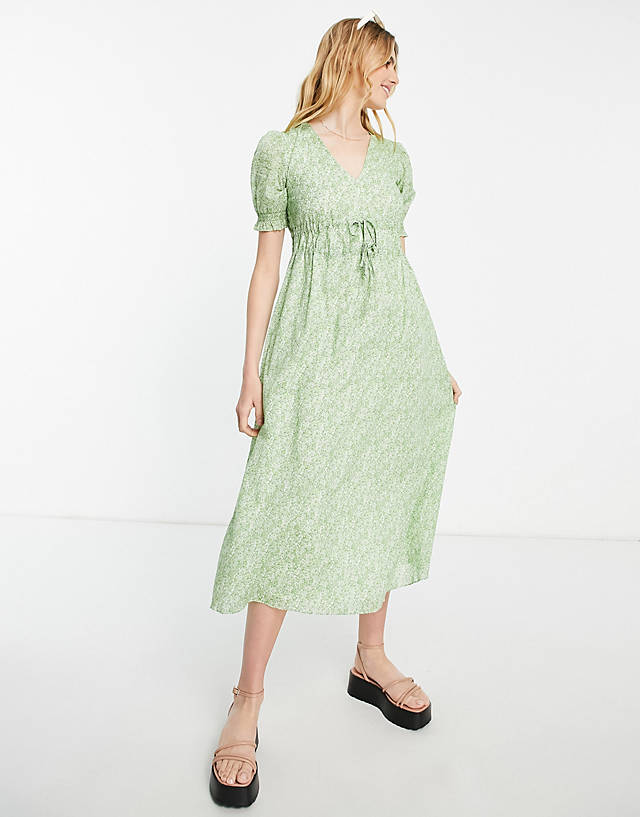 & Other Stories - midi dress with drawstring waist and puff sleeves in pretty floral