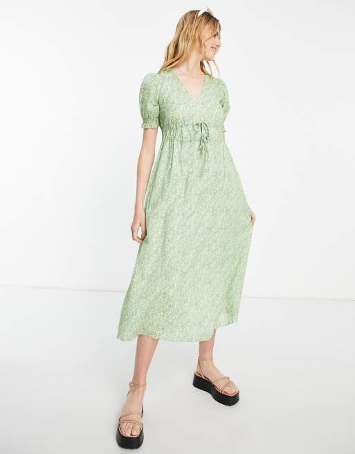 & Other Stories midi dress with drawstring waist and puff sleeves in ...