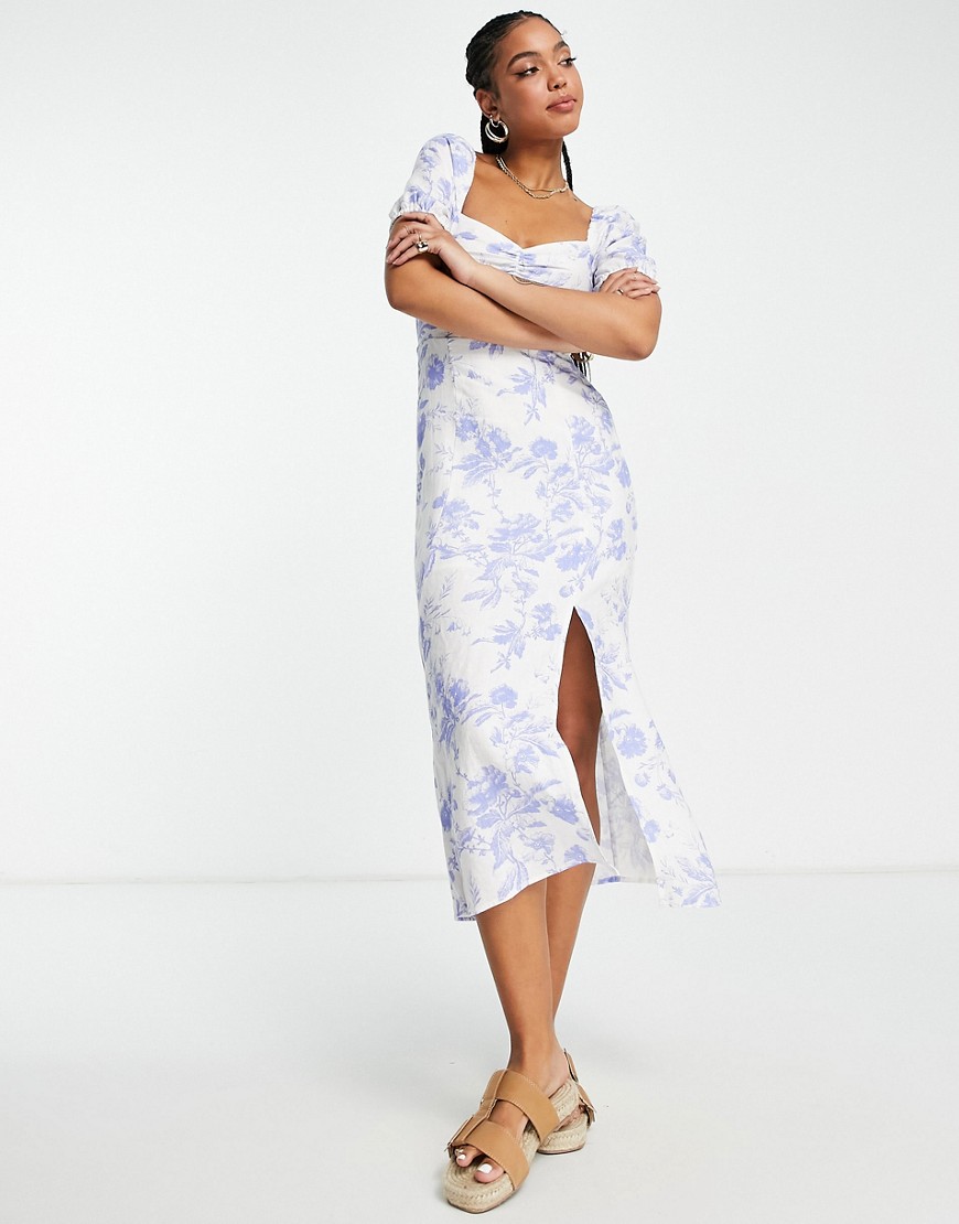 & Other Stories midi dress with puff sleeves and front split in delicate floral print linen-White