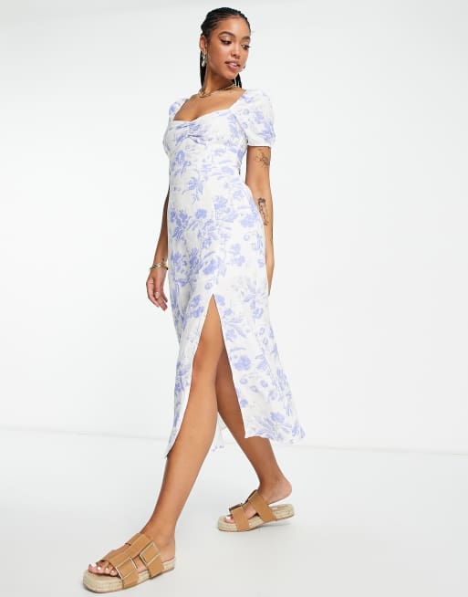  Other Stories midi dress with puff sleeves and front split in delicate  floral print linen