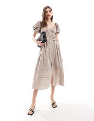 & Other Stories & Other Stories midi dress with puff sleeves and ruche and pleat detail in light taupe-Neutral