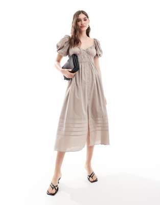 & Other Stories midi dress with puff sleeves and ruche and pleat detail ...