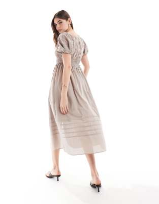 & Other Stories Midi Dress With Puff Sleeves And Ruched Pleat Detail In Neutral
