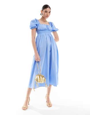 Other Stories &  Midi Dress With Puff Sleeves And Shirred Back Detail In Blue