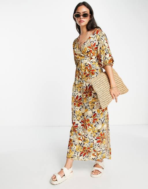 & Other Stories midi dress with puff sleeves in autumnal floral | ASOS