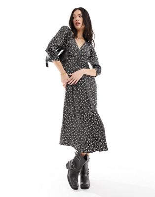 & Other Stories midi dress with ruched front and v neck in mono ditsy print-Black