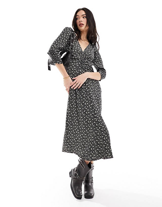 & Other Stories - midi dress with ruched front and v neck in mono ditsy print