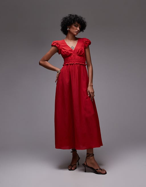 midi red dress with sleeves Damson Madder - Malinda Ls Smocked Dress- Midi length Sizing Red Midi Dress, Puff Sleeve