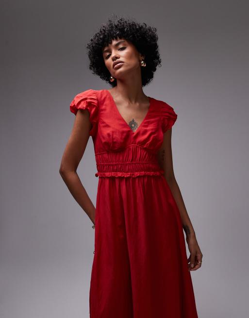 & Other Stories midi dress with tier hem and ruffle sleeves in red