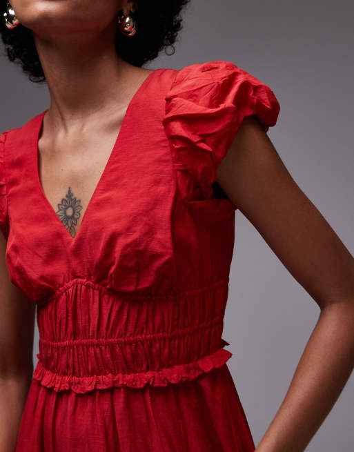 & Other Stories midi dress with tier hem and ruffle sleeves in red