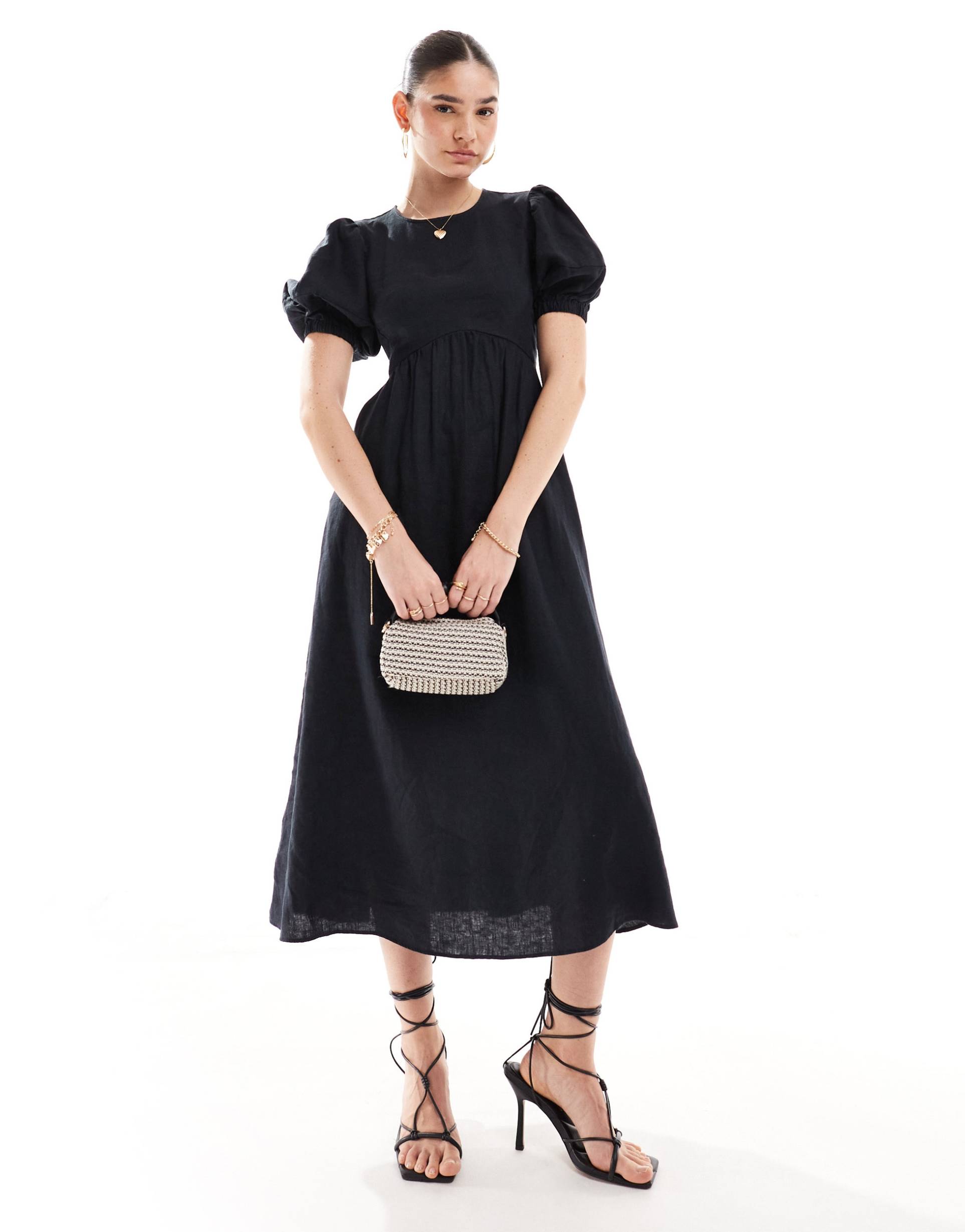 & other stories midi dress with volume sleeves and open back detail with tassels in black