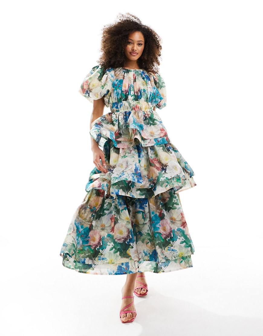 & Other Stories midi dress with volume sleeves and ruffles in romance floral print-Multi