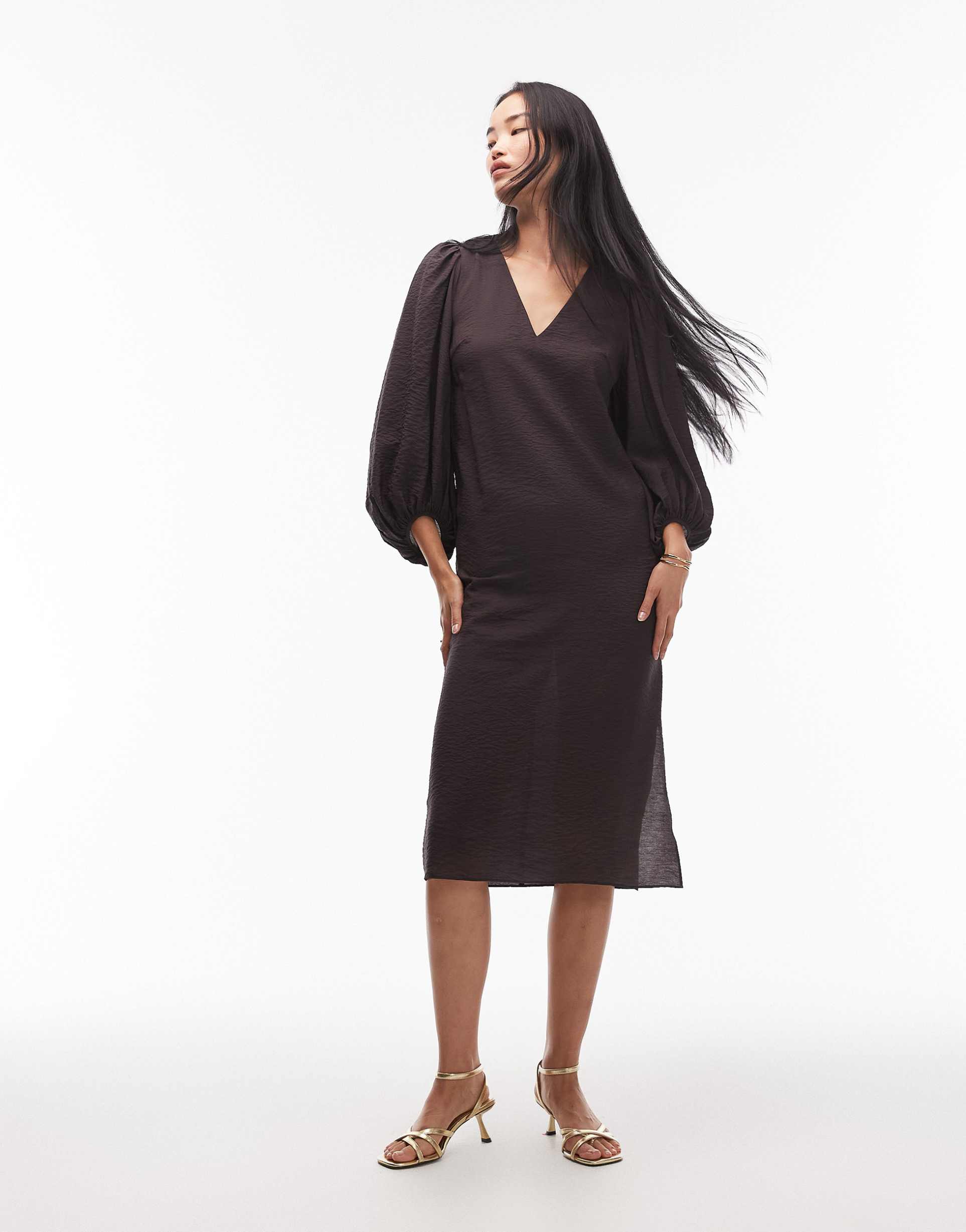 & other stories midi dress with volume sleeves in brown