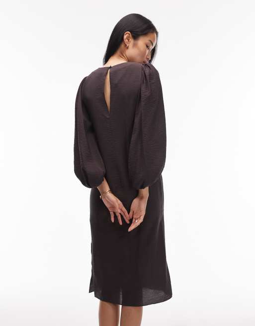 & Other Stories midi dress with volume sleeves in brown, 3 of 4