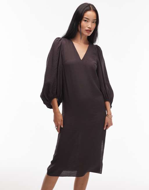 & Other Stories midi dress with volume sleeves in brown, 4 of 4
