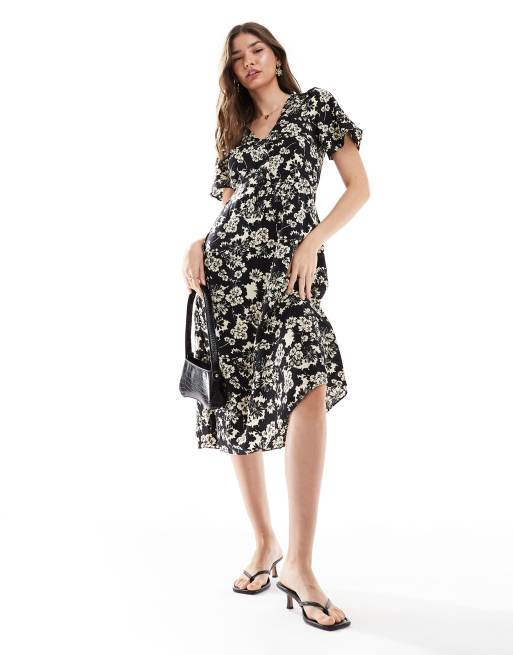 & Other Stories - Midi jurk met fladdermouwen en bloemenprint in zwart-wit