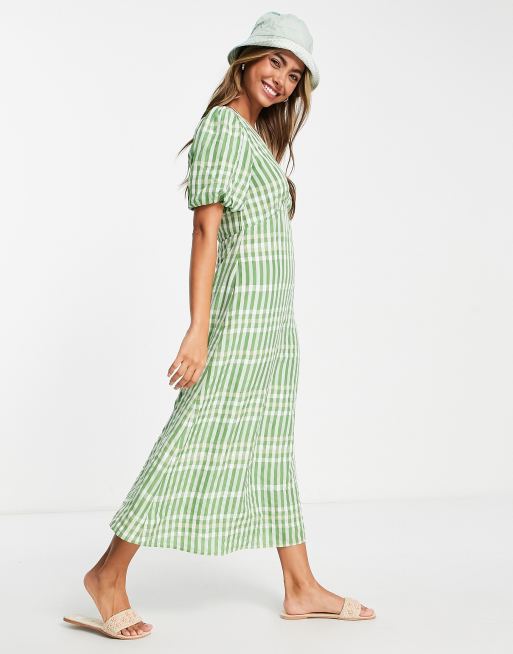 & Other Stories - Midi jurk met pofmouwen en bloemenprint in groene ruitjesprint 