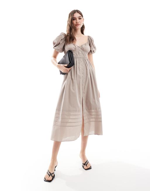 & Other Stories - Midi jurk met pofmouwen, rimpeleffect en geplooid detail in licht taupe