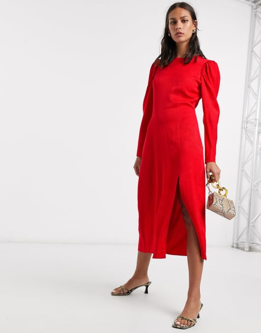 & Other Stories - Midi-jurk met stippen en pofmouwen in rood, 3 van 4