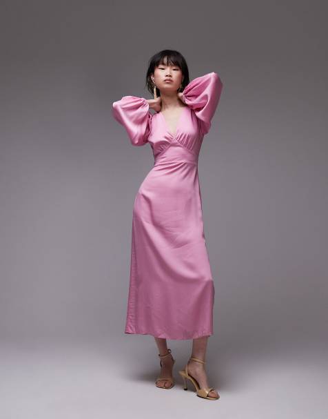 & & Other Stories - Midi-jurk met zijsplitten en volumemouwen in roze - view 1