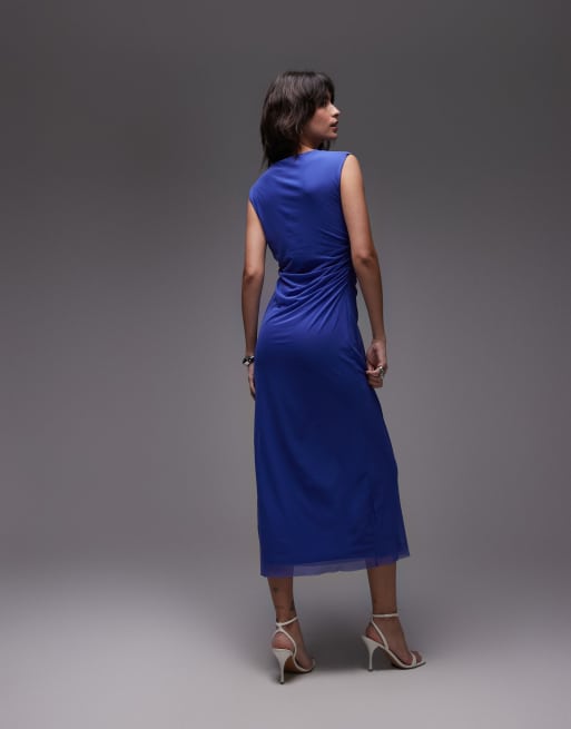 & Other Stories - Midi jurk van mesh met gedrapeerd detail in donkerblauw, 3 van 4