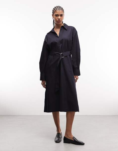 & Other Stories - Midi overhemdjurk van katoenmix met riem in donkerblauw - view 1