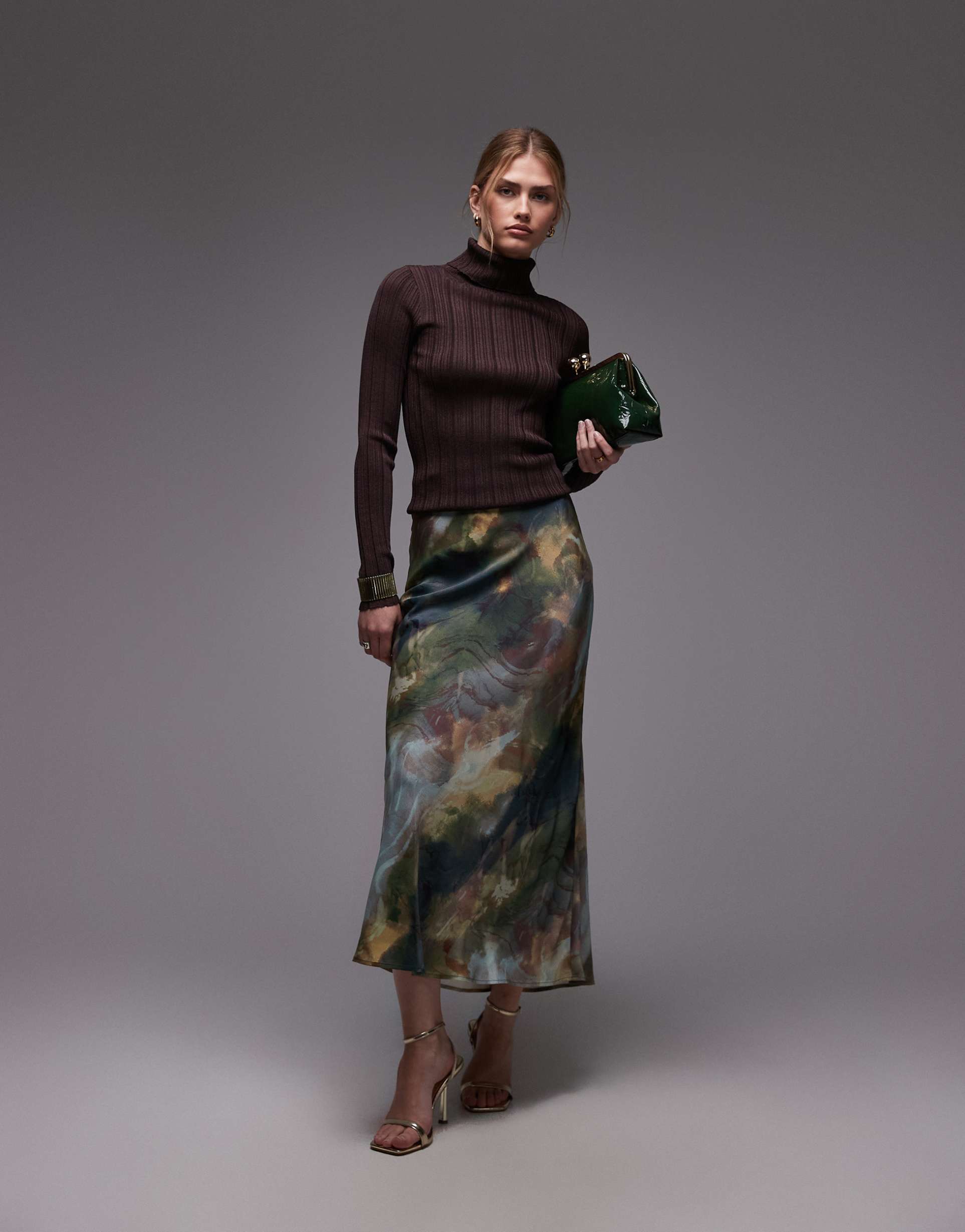& other stories midi satin skirt in green multi neutral blur print