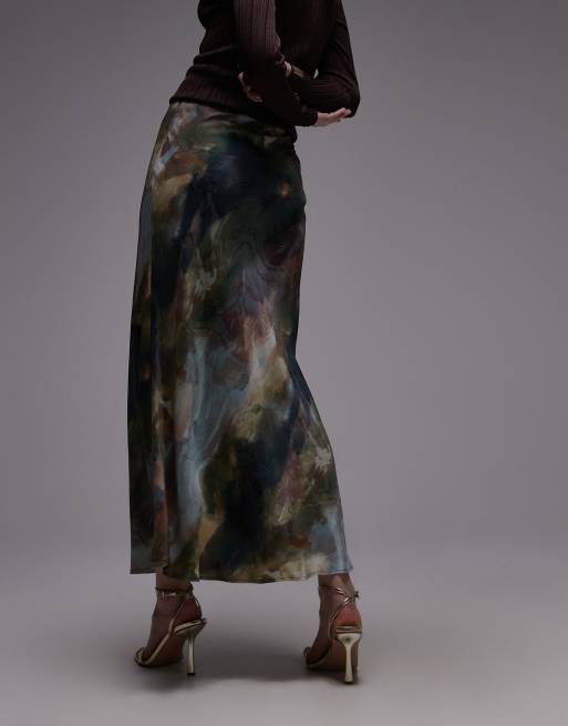 & Other Stories midi satin skirt in green multi neutral blur print