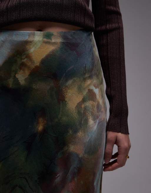 & Other Stories midi satin skirt in green multi neutral blur print