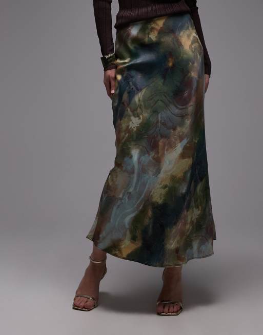 & Other Stories midi satin skirt in green multi neutral blur print