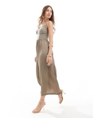 & Other Stories midi slip dress with soft corset detail and full hem in taupe-Brown