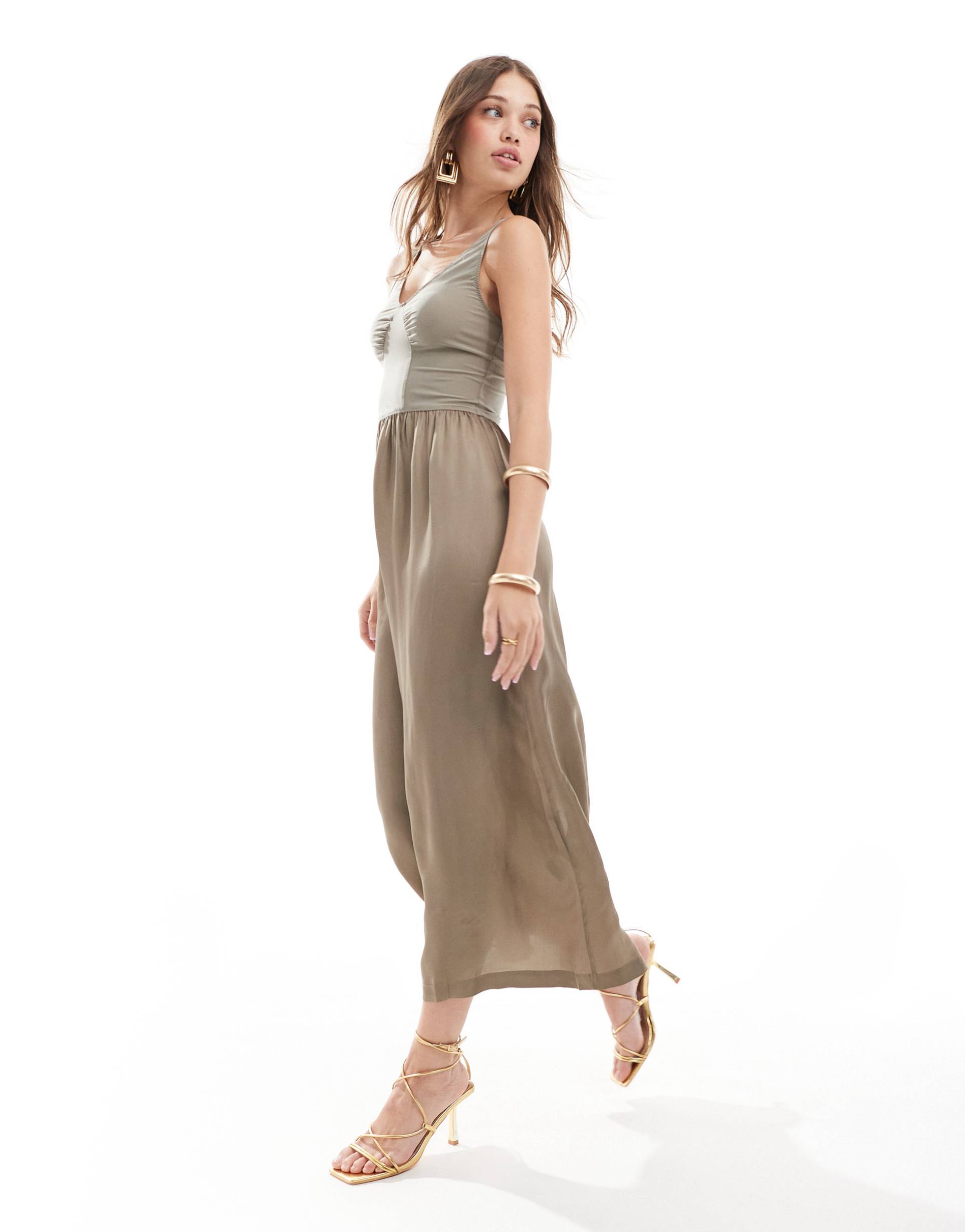 & other stories midi slip dress with soft corset detail and full hem in taupe