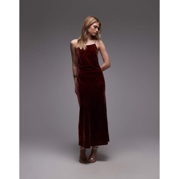 & Other Stories midi strap velvet chiffon dress in dark red burgundy | ASOS