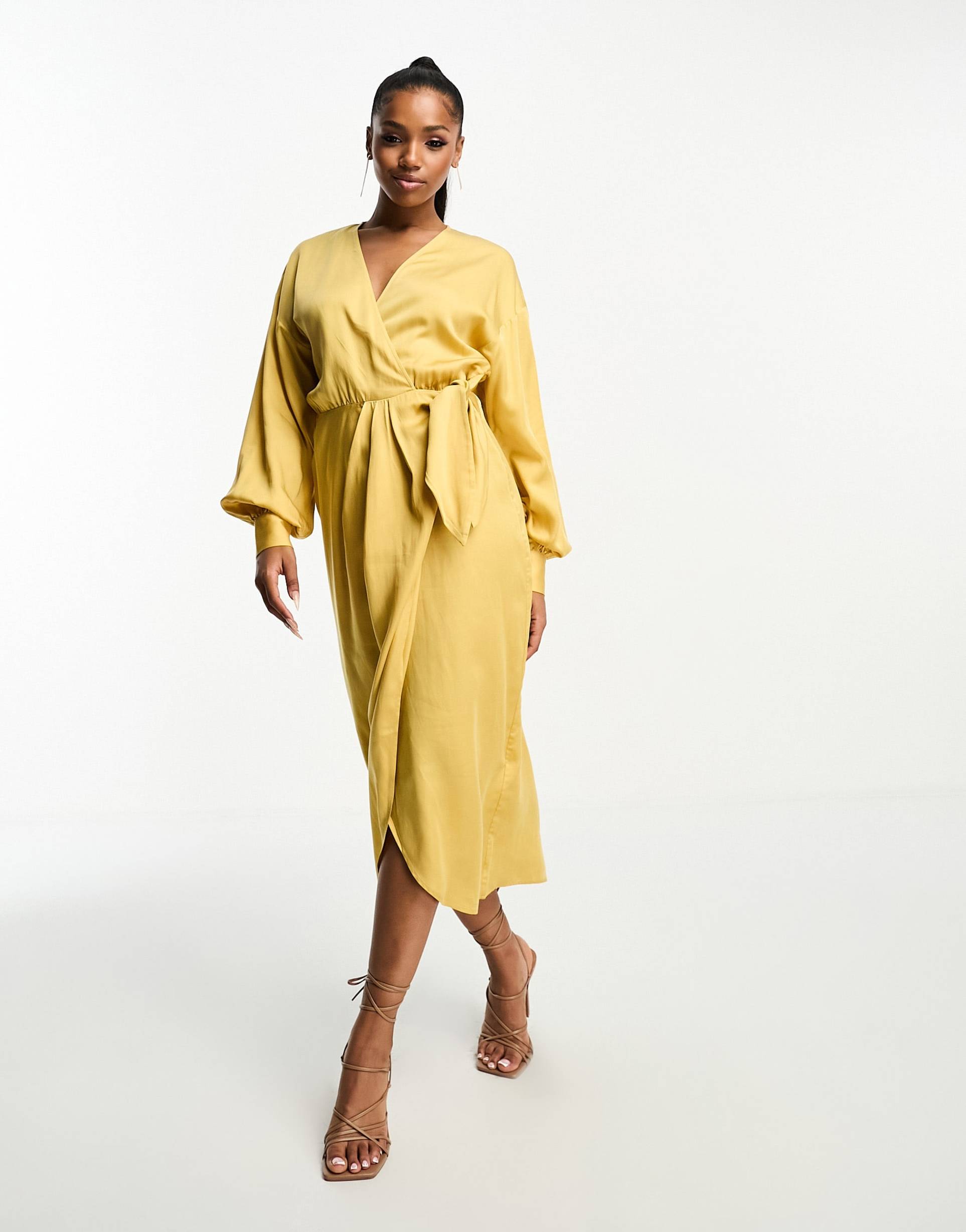 & other stories midi wrap dress in dusty yellow