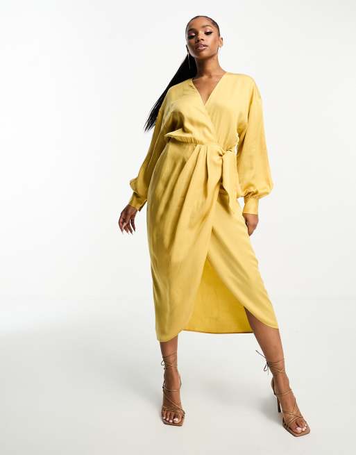 Mustard midi wrap store dress