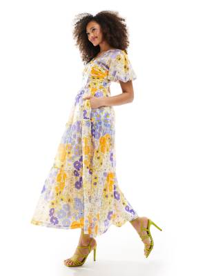 & Other Stories - Midikleid aus Leinenmix mit Bustierdetail und Blumenprint-Bunt