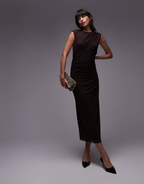 & Other Stories – Midikleid aus Netzstoff in Braun mit drapiertem Detail - view 1