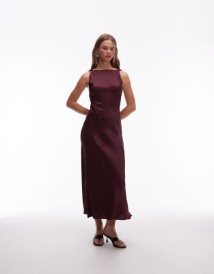 & Other Stories - Midikleid aus Satin-Crepe in Burgunderrot mit drapiertem Ausschnitt