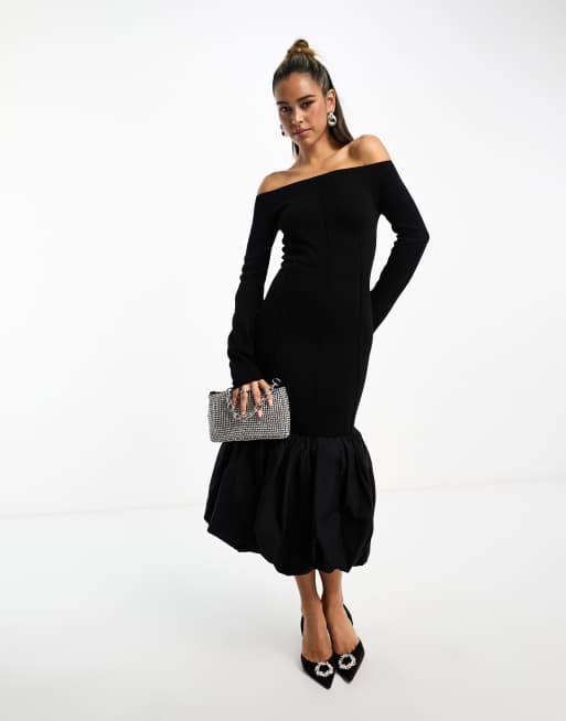& Other Stories – Midikleid aus schwarzem Stoffmix mit Ballonsaum
