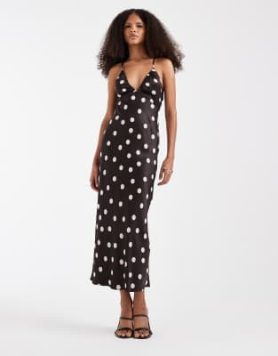Midikleid in Braun mit Polka Dots, Riemchenträgern und Zierausschnitt am Rücken Braun 38