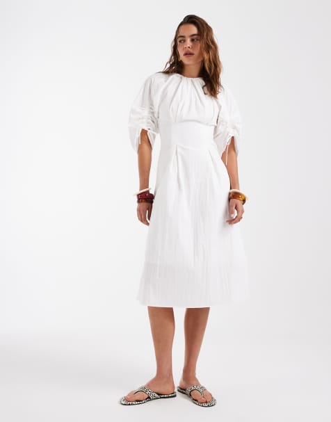 & Other Stories – Midikleid in Weiß mit voluminösen, gerafften Ärmeln - view 1