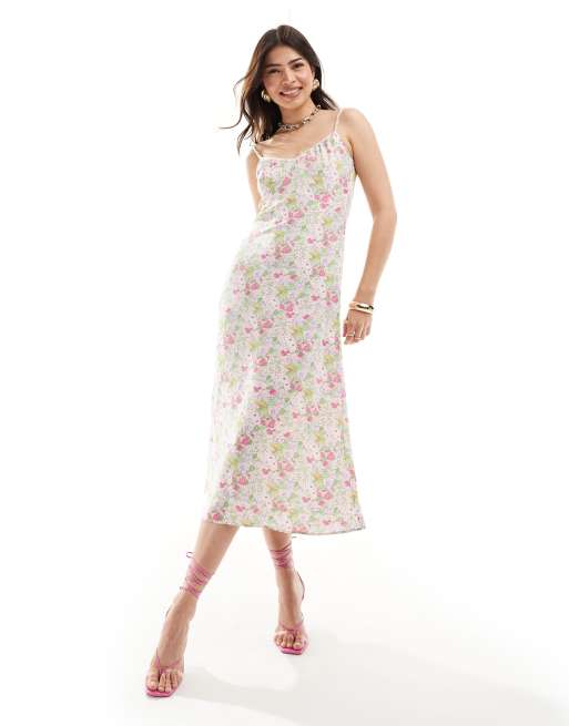 & Other Stories – Midikleid mit buntem Blumenmuster, Riemchenträgern und gerafftem V-Ausschnitt