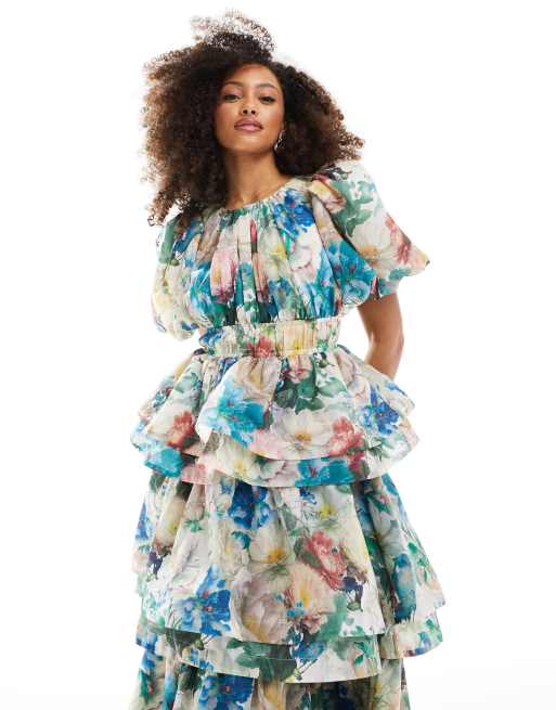 & Other Stories – Midikleid mit voluminösen Ärmeln, Rüschen und romantischem Blumenprint, 3 von 4